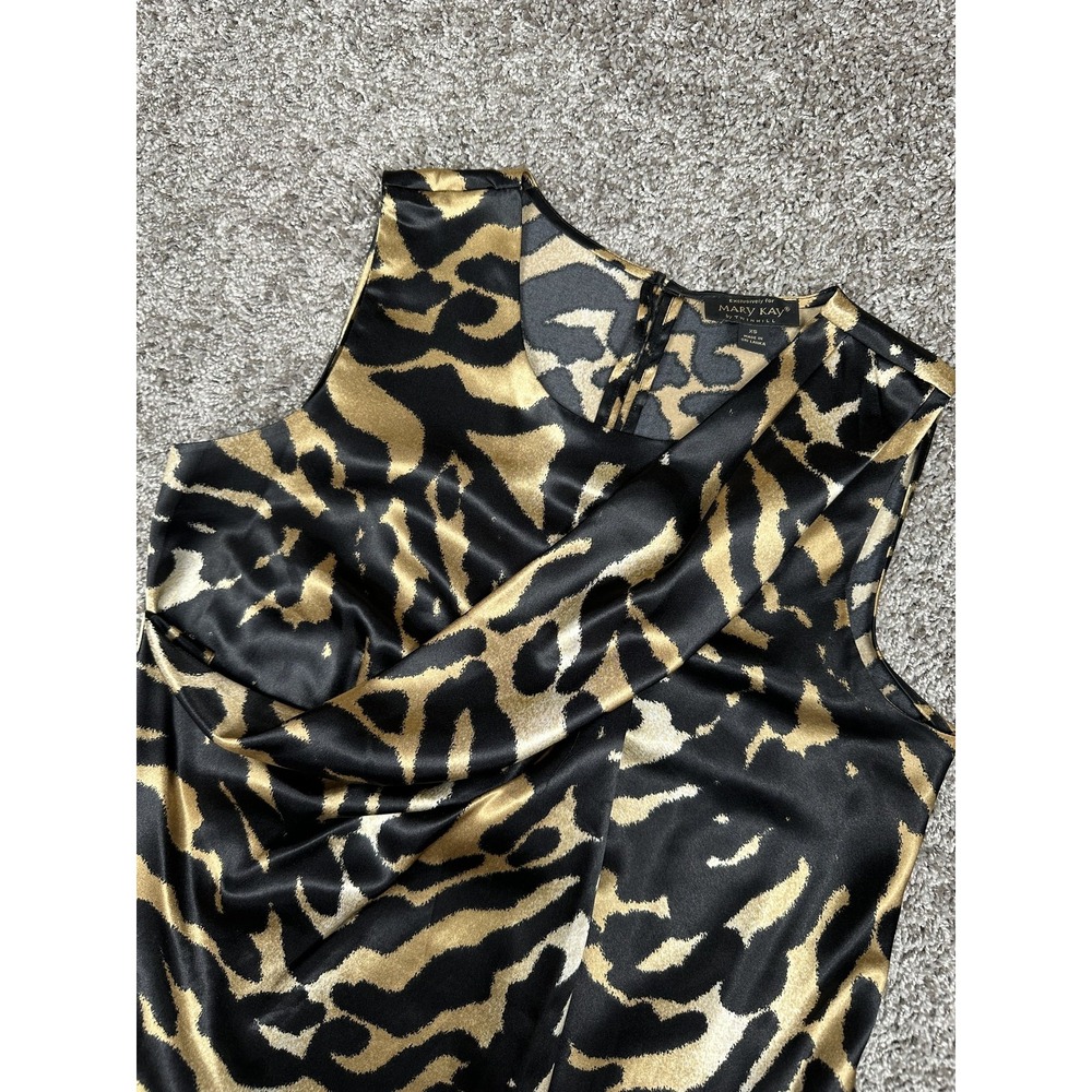 Mary Kay Sleeveless Top Womens Extra Small Black Gold Animal Print Draped Blouse